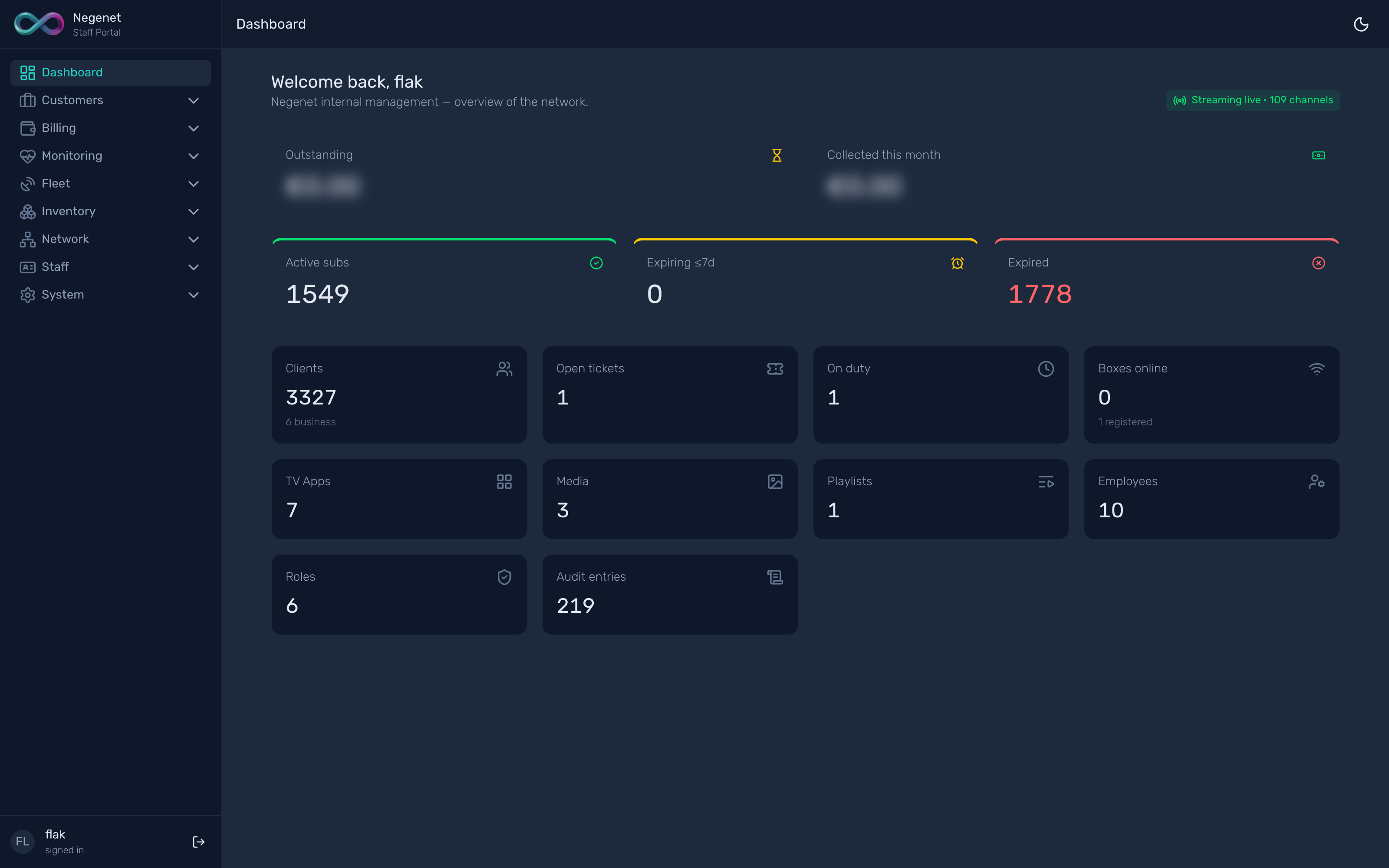FiberOS dashboard — subscriptions, billing, fleet and network at a glance