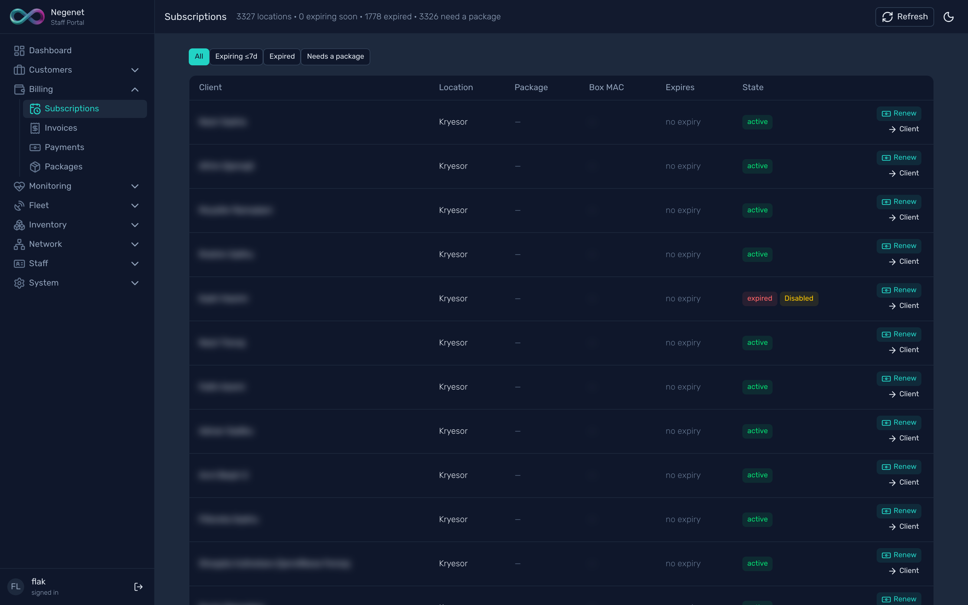 Subscriptions worklist with renewal actions (customer data blurred)